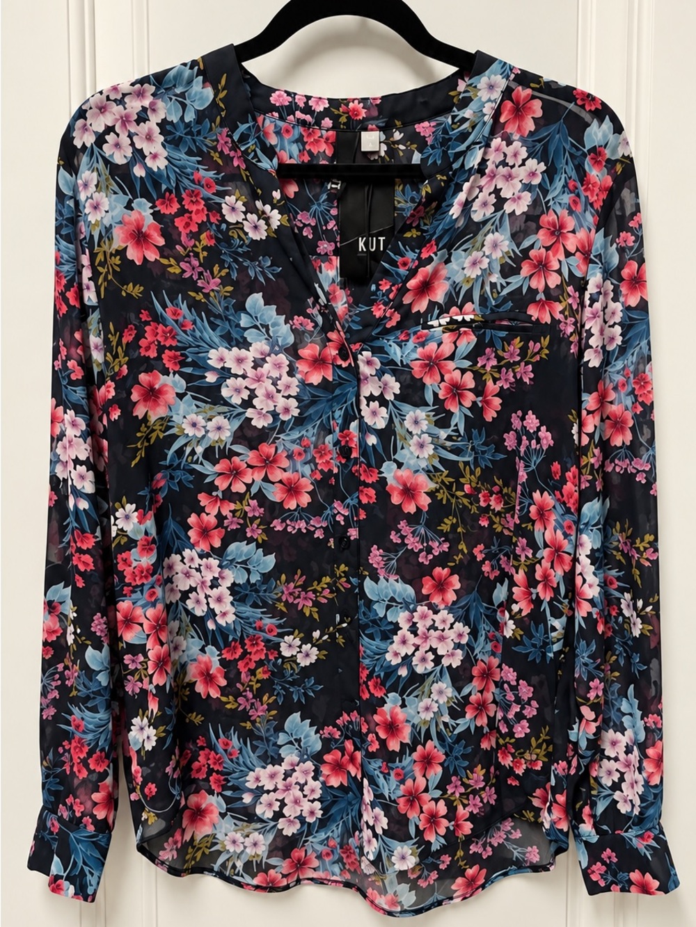 NWT KUT from the Kloth Black Floral V-Neck Button Blouse w/Pink & Blue Flowers